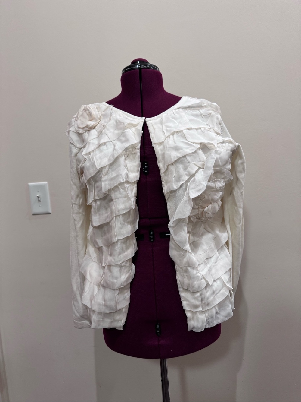 Michael Simon White Ruffled Tulle Large Flowers Cardigan